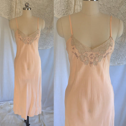 Vintage 1930's Slip | Rose Peach Silk with Lace Inserts & Embroidery | Size LG - Daggers & Dames