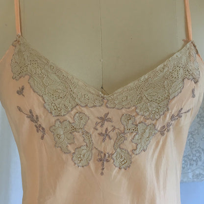 Vintage 1930's Slip | Rose Peach Silk with Lace Inserts & Embroidery | Size LG - Daggers & Dames