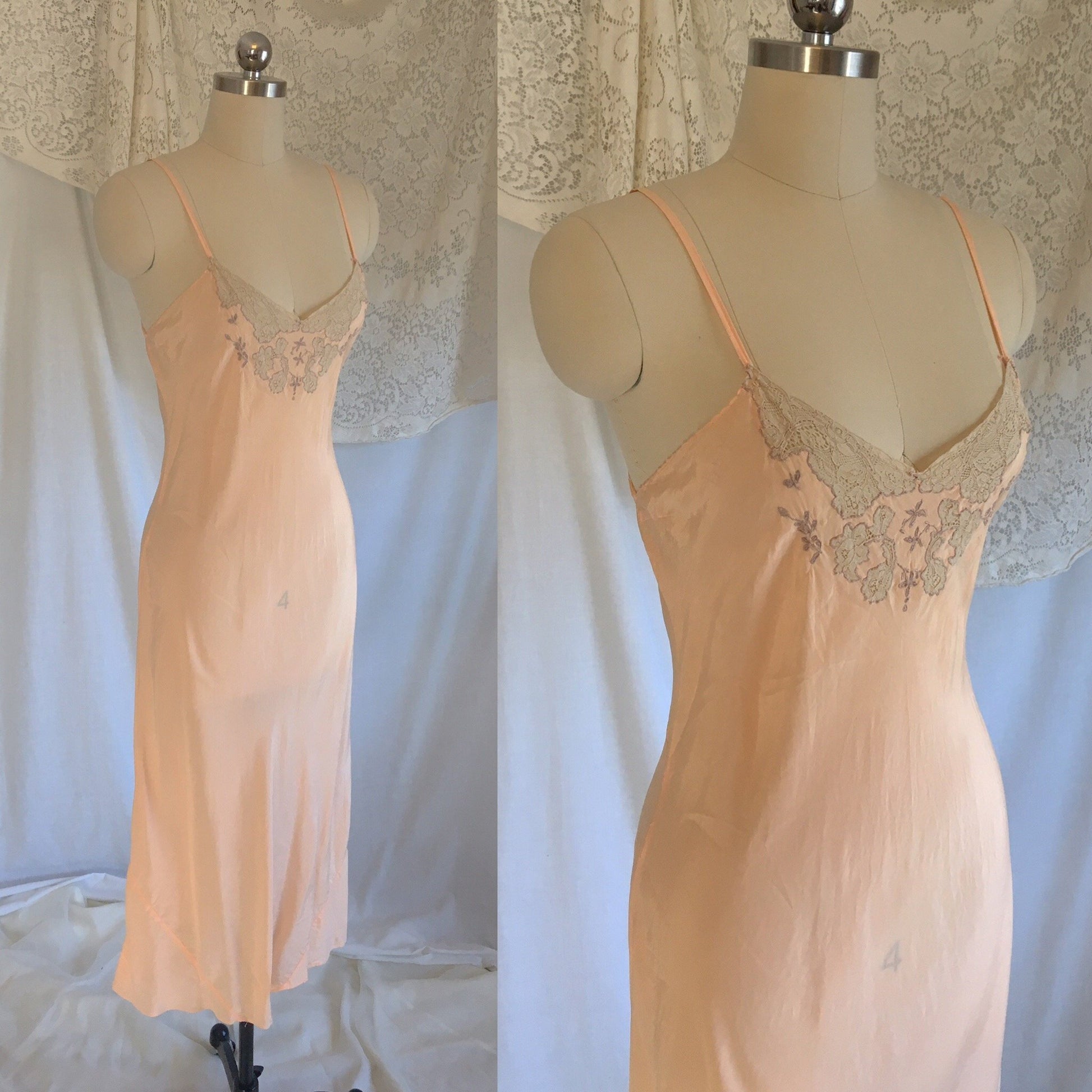 Vintage 1930's Slip | Rose Peach Silk with Lace Inserts & Embroidery | Size LG - Daggers & Dames