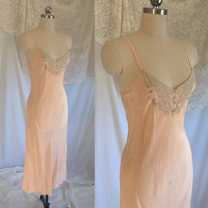 Vintage 1930's Slip | Rose Peach Silk with Lace Inserts & Embroidery | Size LG - Daggers & Dames