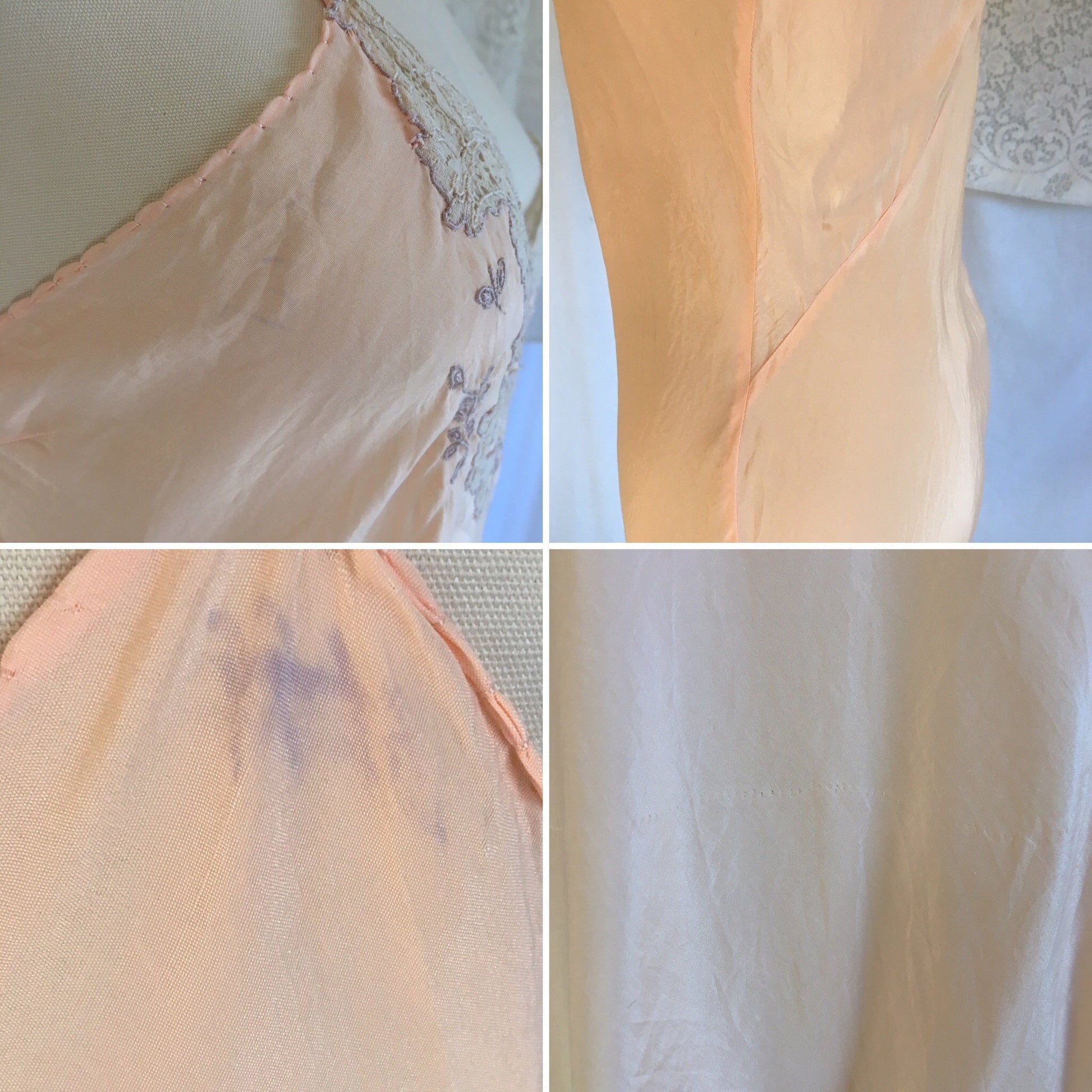 Vintage 1930's Slip | Rose Peach Silk with Lace Inserts & Embroidery | Size LG - Daggers & Dames