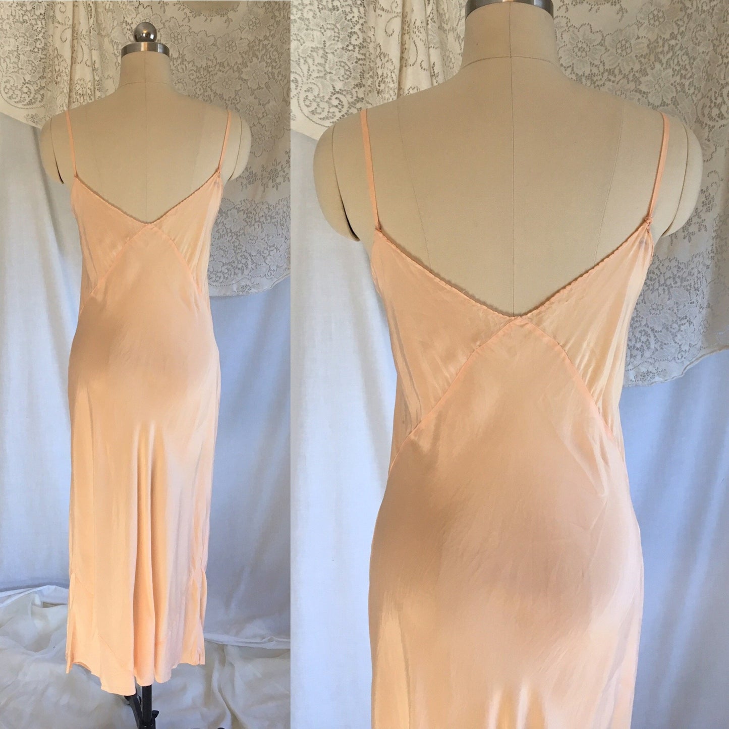 Vintage 1930's Slip | Rose Peach Silk with Lace Inserts & Embroidery | Size LG - Daggers & Dames