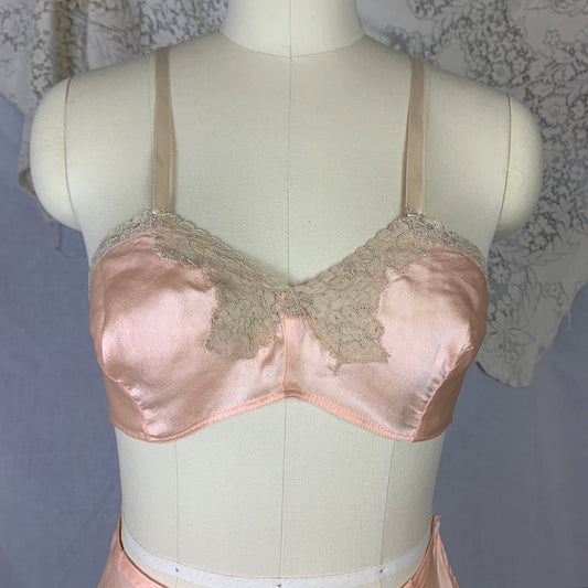 Vintage 1930's Tap Pants & Bralette Lingerie Set | Peach Silk Charmeuse with Mixed Alençon Lace | Size XS | Homemade - Daggers & Dames