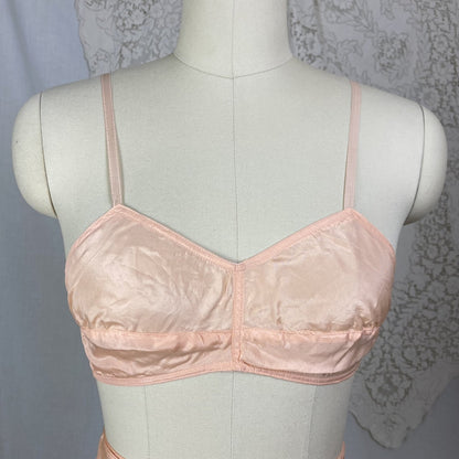 Vintage 1930's Tap Pants & Bralette Lingerie Set | Peach Silk with Mocha Lace Appliqué | Size XS, S, 34 B, 32 C - Daggers & Dames