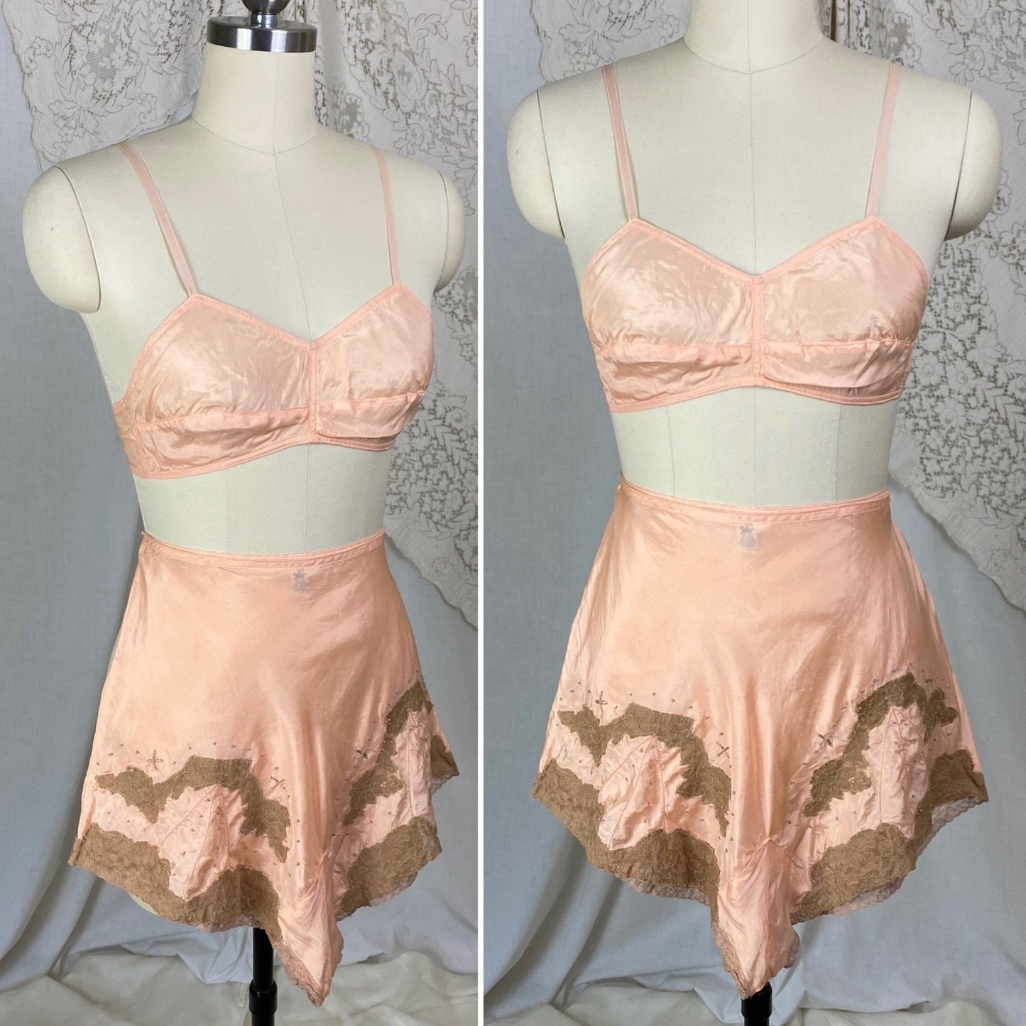 Vintage 1930's Tap Pants & Bralette Lingerie Set | Peach Silk with Mocha Lace Appliqué | Size XS, S, 34 B, 32 C - Daggers & Dames