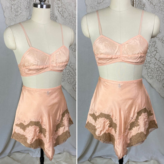 Vintage 1930's Tap Pants & Bralette Lingerie Set | Peach Silk with Mocha Lace Appliqué | Size XS, S, 34 B, 32 C - Daggers & Dames
