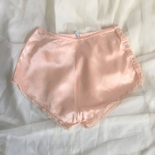 Vintage 1930's Tap Pants | Pink Rayon Satin with Lace & Button Up Hip | Treasures of Paris | Size XS - Daggers & Dames