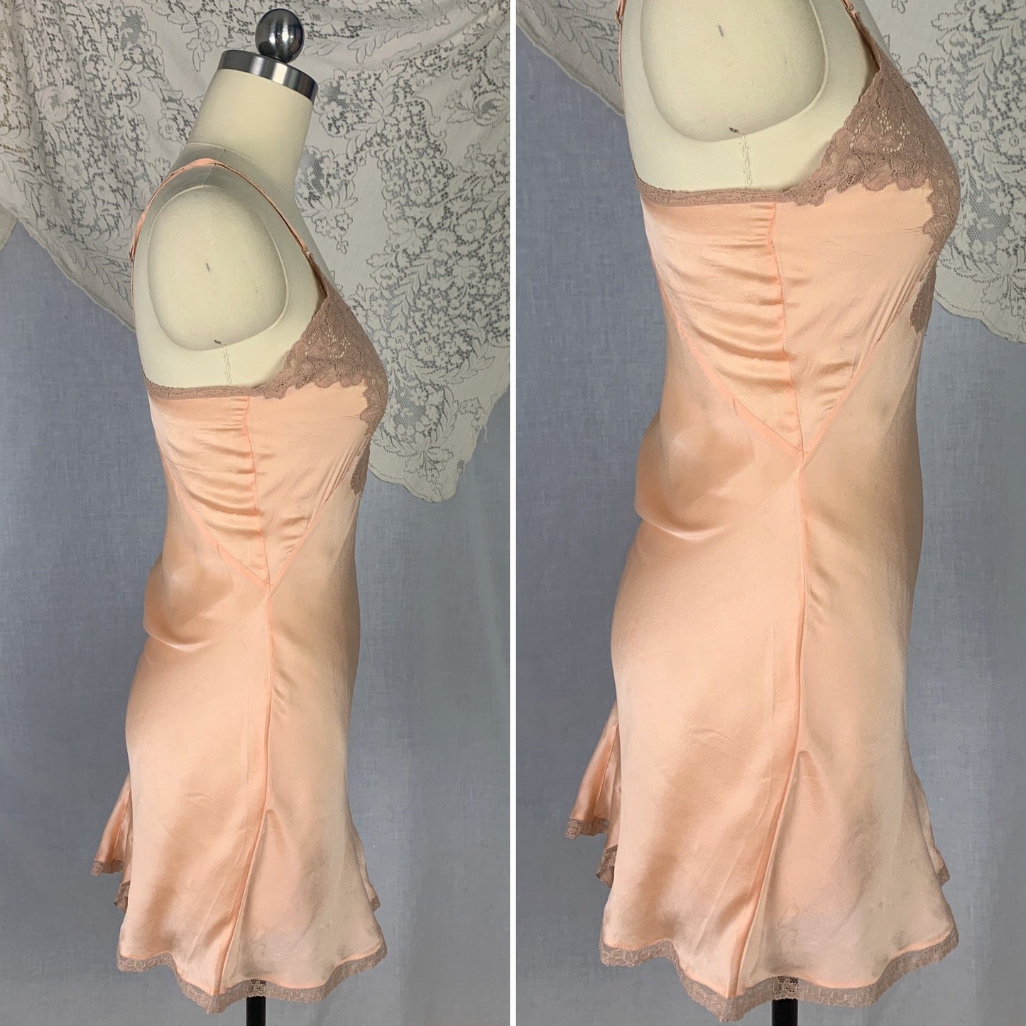 Vintage 1930's Teddy | Bold Apricot Silk with Taupe Floral Lace Appliqué | Size XS | Never Worn - Daggers & Dames