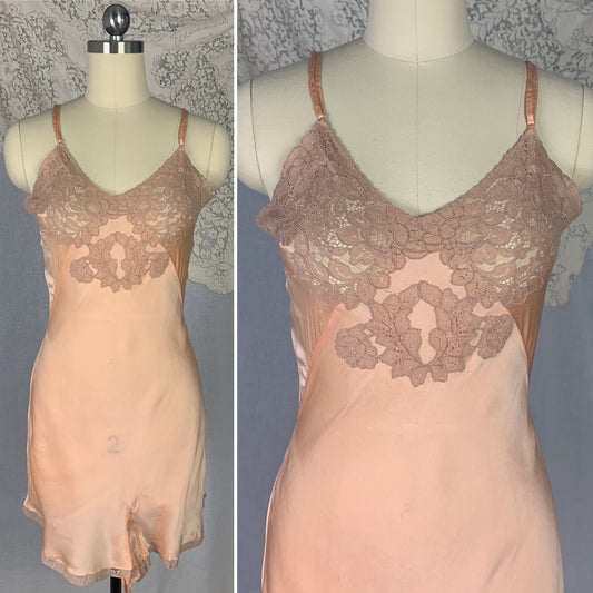 Vintage 1930's Teddy | Bold Apricot Silk with Taupe Floral Lace Appliqué | Size XS | Never Worn - Daggers & Dames
