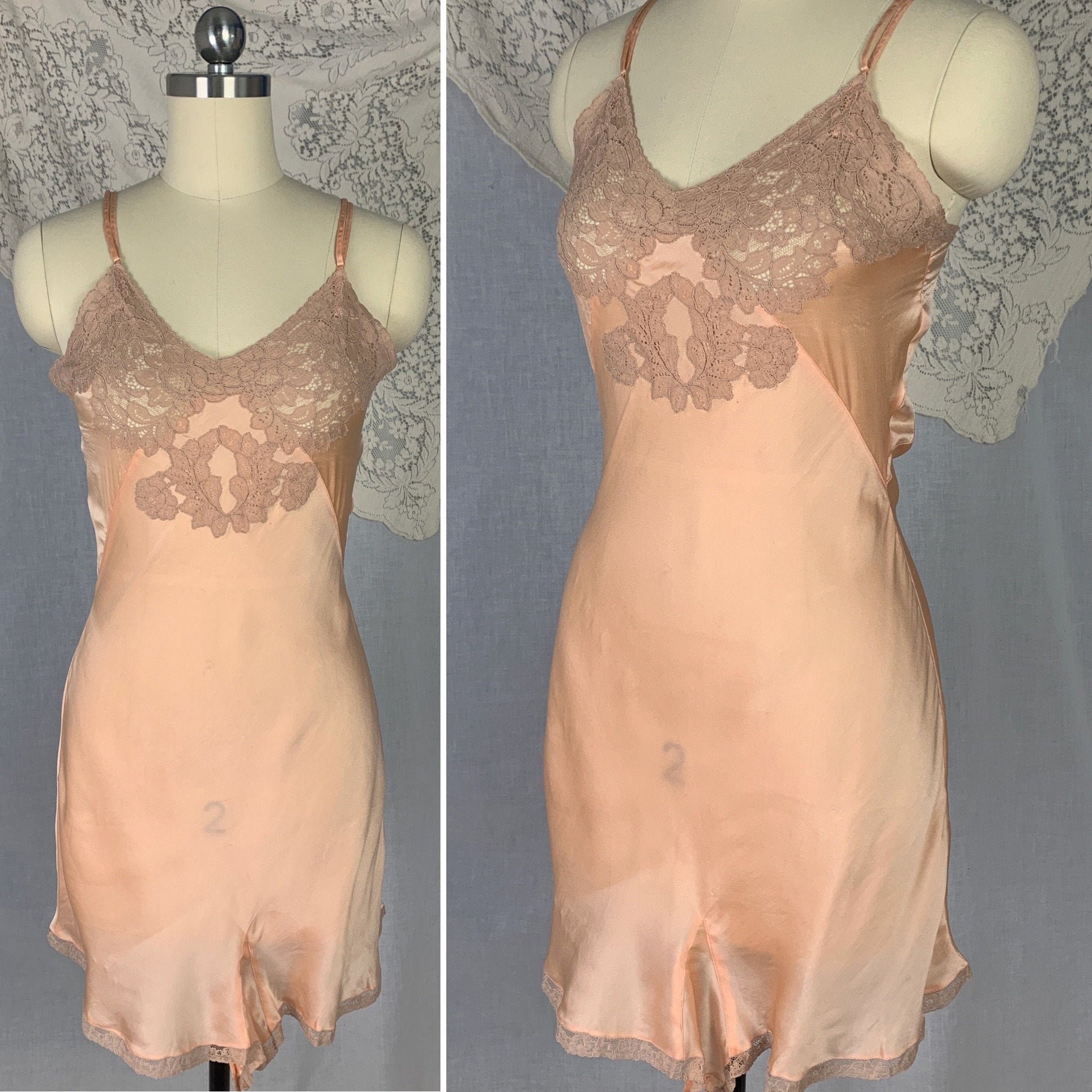 Vintage 1930's Teddy | Bold Apricot Silk with Taupe Floral Lace Appliqué | Size XS | Never Worn - Daggers & Dames