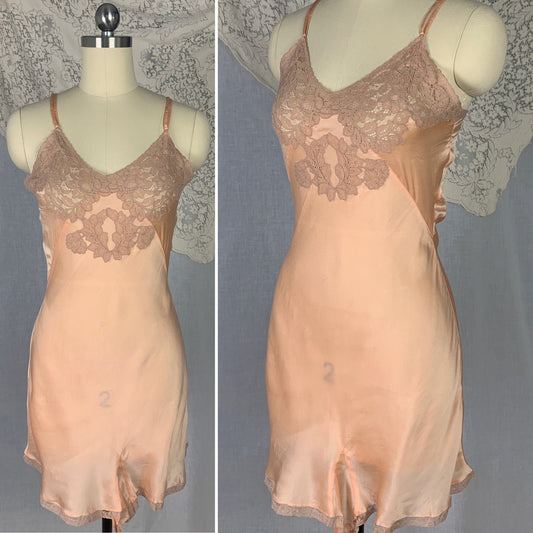 Vintage 1930's Teddy | Bold Apricot Silk with Taupe Floral Lace Appliqué | Size XS | Never Worn - Daggers & Dames