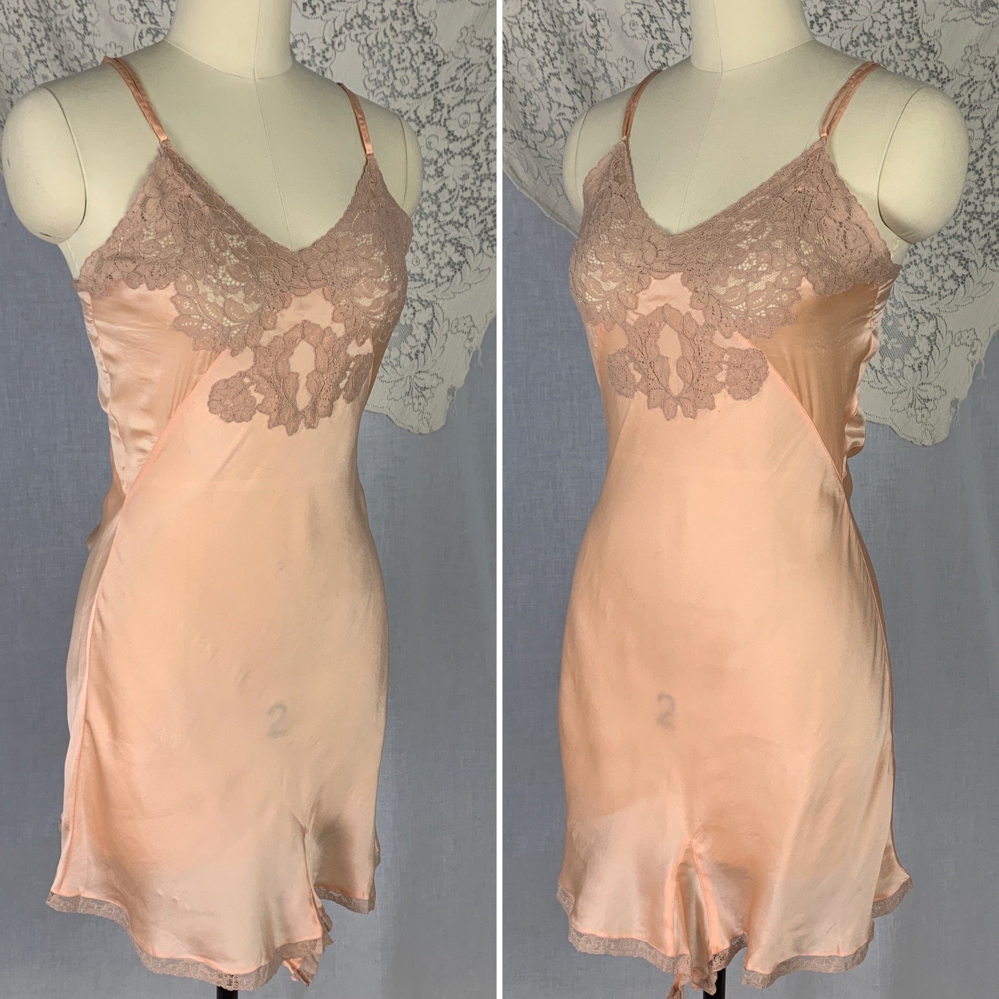 Vintage 1930's Teddy | Bold Apricot Silk with Taupe Floral Lace Appliqué | Size XS | Never Worn - Daggers & Dames
