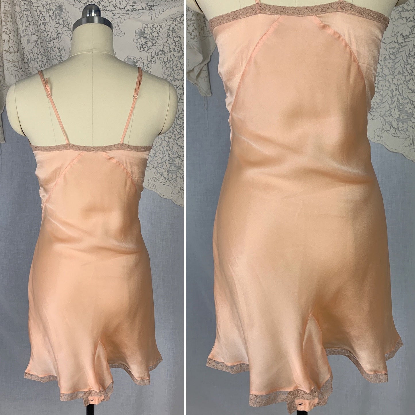 Vintage 1930's Teddy | Bold Apricot Silk with Taupe Floral Lace Appliqué | Size XS | Never Worn - Daggers & Dames