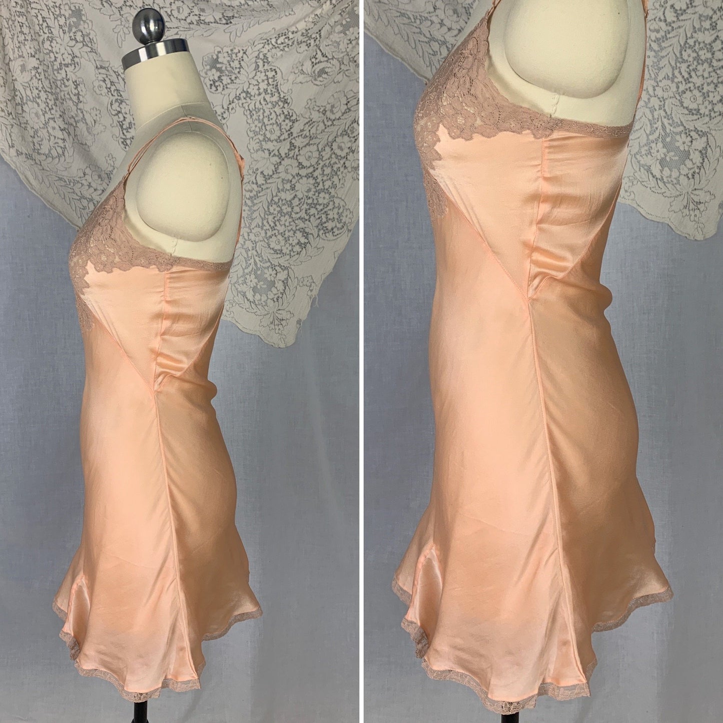 Vintage 1930's Teddy | Bold Apricot Silk with Taupe Floral Lace Appliqué | Size XS | Never Worn - Daggers & Dames