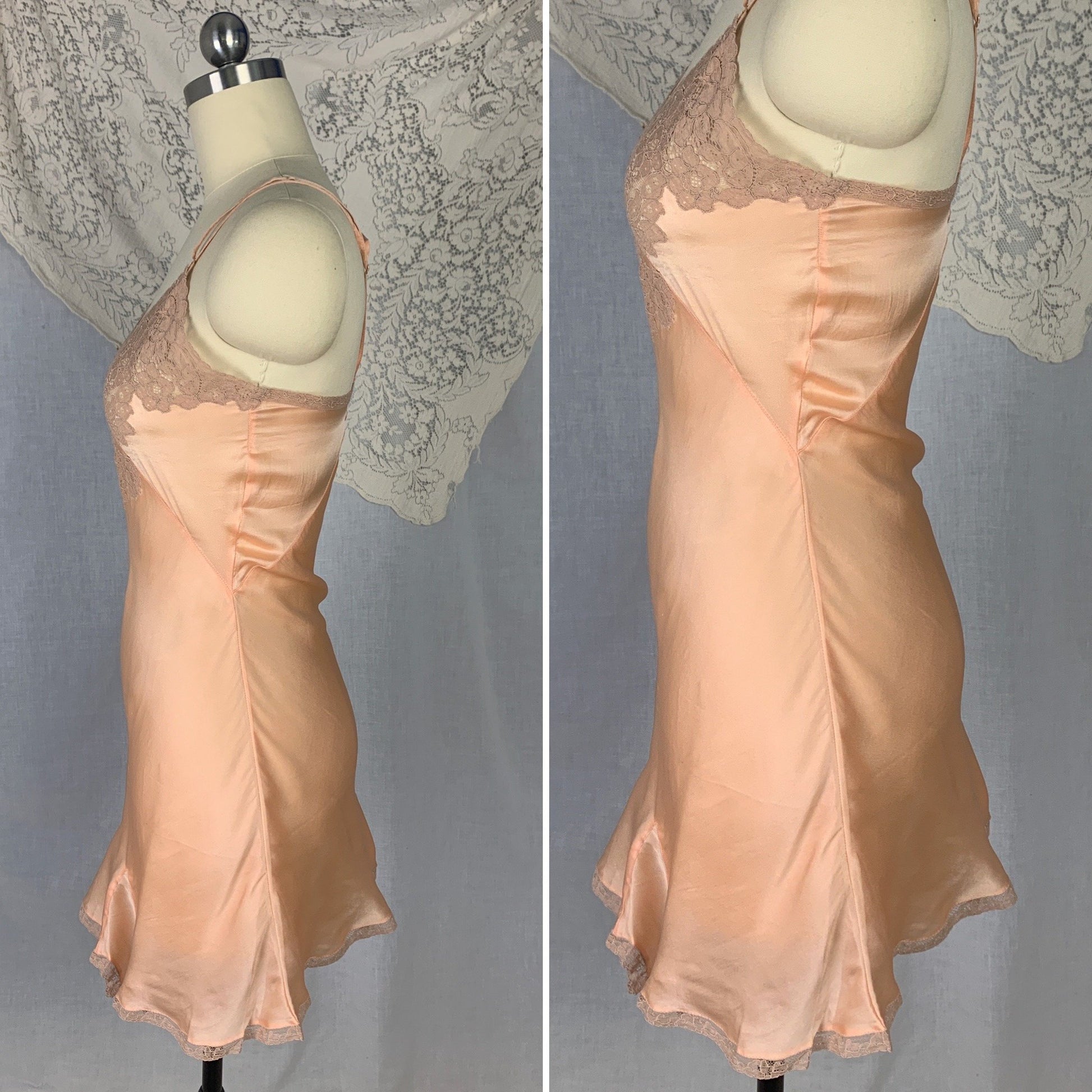 Vintage 1930's Teddy | Bold Apricot Silk with Taupe Floral Lace Appliqué | Size XS | Never Worn - Daggers & Dames