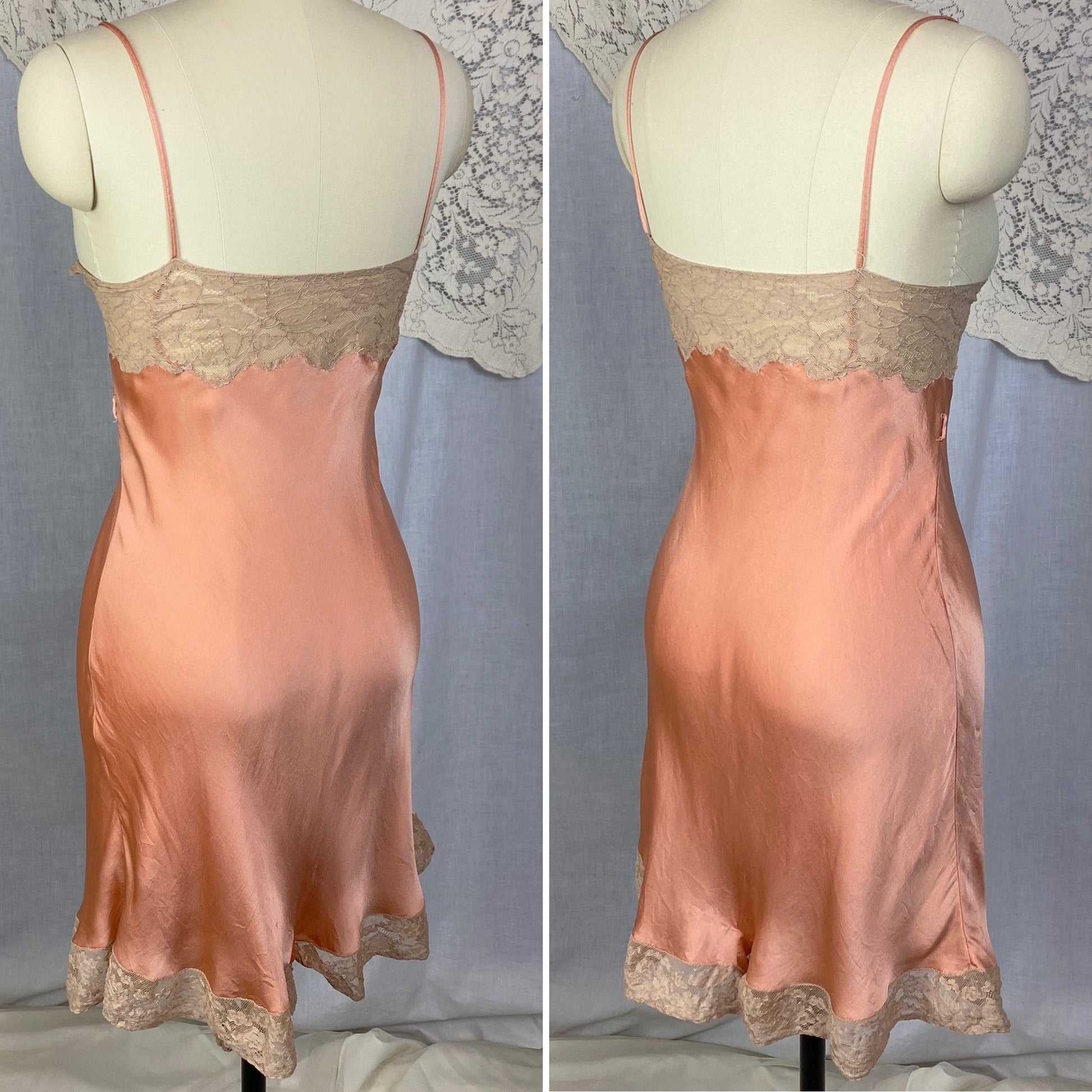 Vintage 1930's Teddy Chemise | Deep Coral Pink Silk Charmeuse with Nude Lace | Size 40-42 Bust, LG XL | Barbara Lee - Daggers & Dames