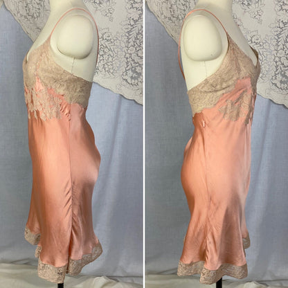 Vintage 1930's Teddy Chemise | Deep Coral Pink Silk Charmeuse with Nude Lace | Size 40-42 Bust, LG XL | Barbara Lee - Daggers & Dames