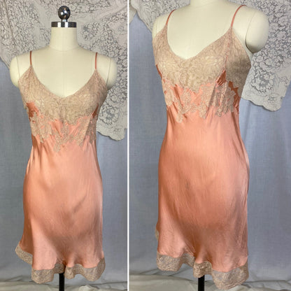 Vintage 1930's Teddy Chemise | Deep Coral Pink Silk Charmeuse with Nude Lace | Size 40-42 Bust, LG XL | Barbara Lee - Daggers & Dames