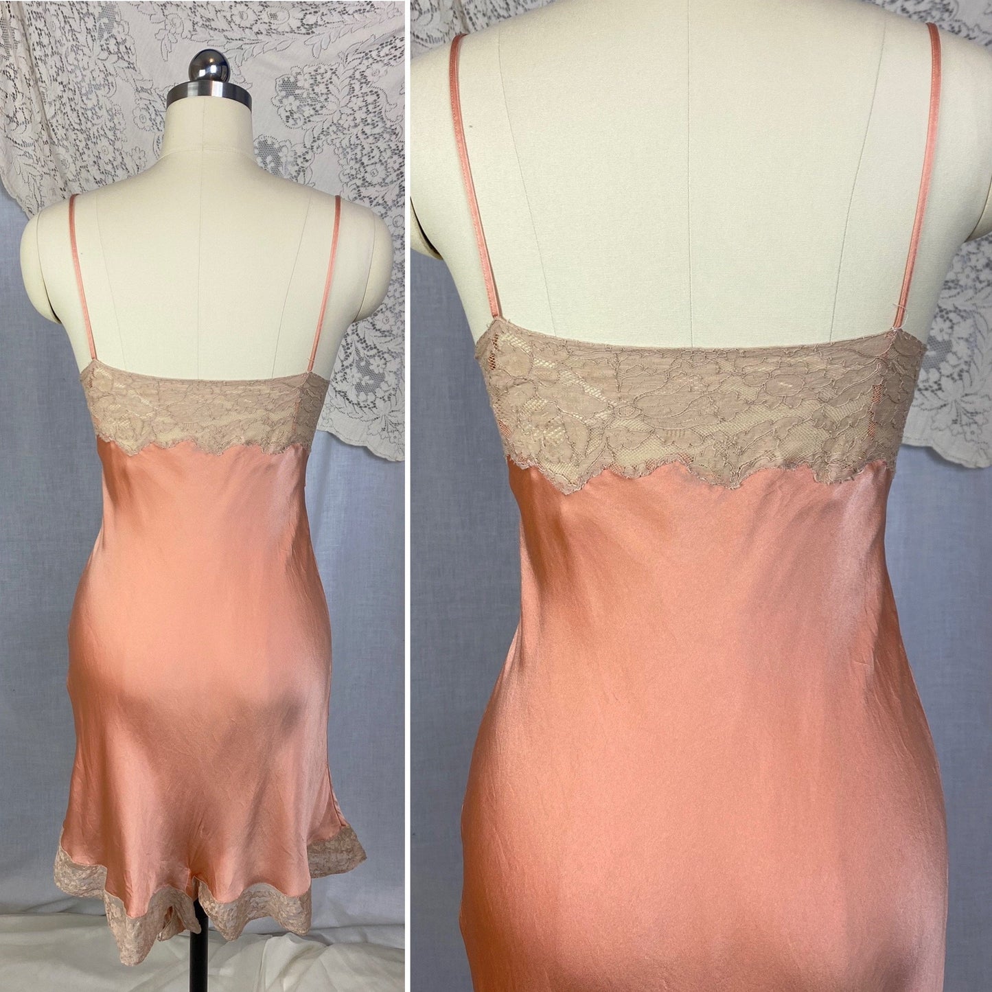 Vintage 1930's Teddy Chemise | Deep Coral Pink Silk Charmeuse with Nude Lace | Size 40-42 Bust, LG XL | Barbara Lee - Daggers & Dames