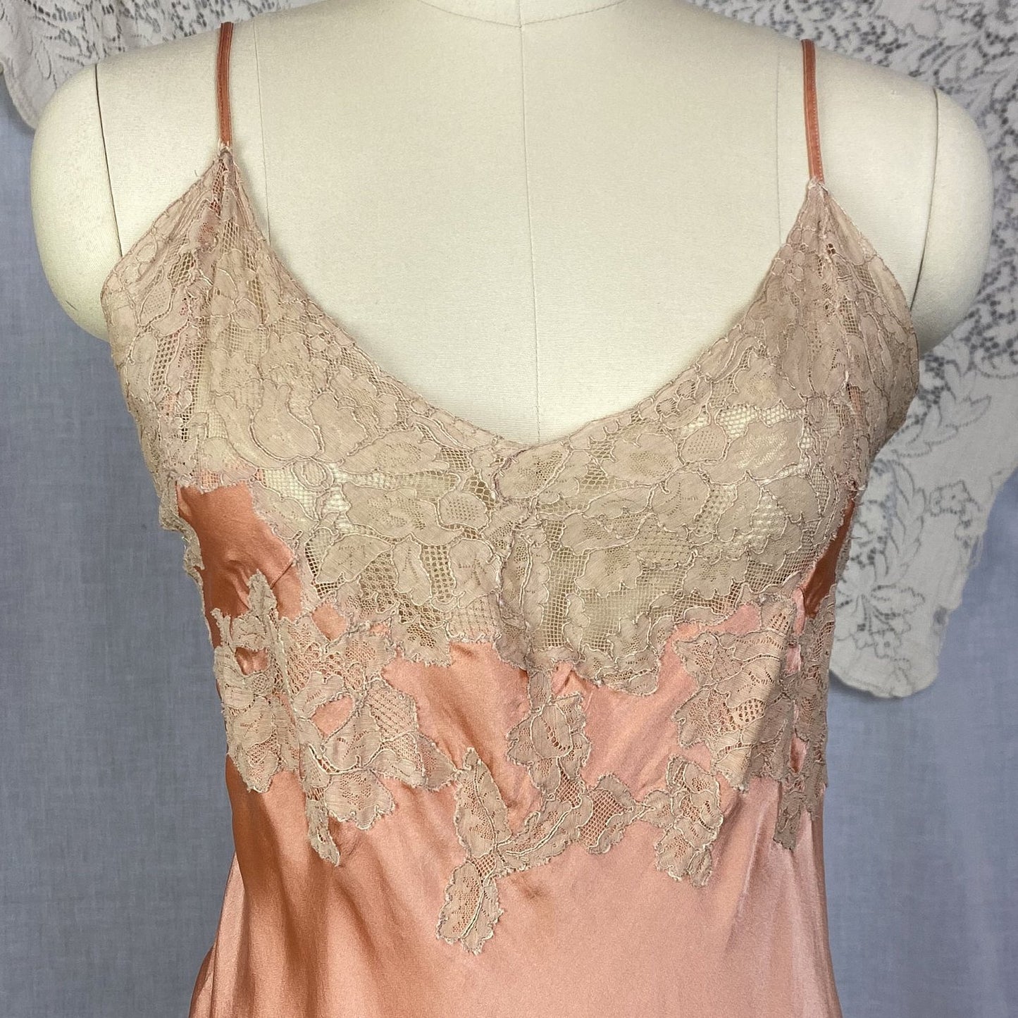 Vintage 1930's Teddy Chemise | Deep Coral Pink Silk Charmeuse with Nude Lace | Size 40-42 Bust, LG XL | Barbara Lee - Daggers & Dames