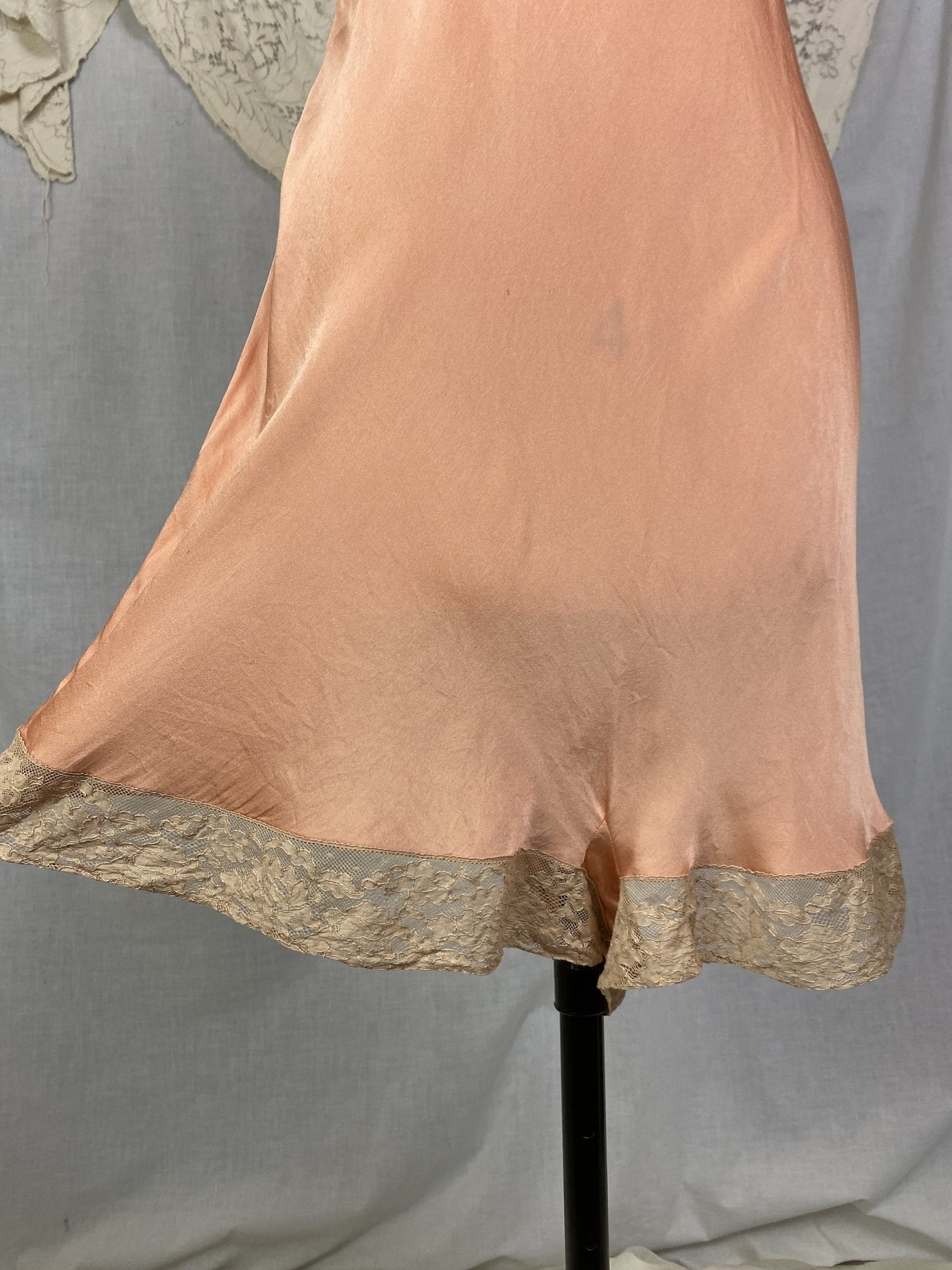 Vintage 1930's Teddy Chemise | Deep Coral Pink Silk Charmeuse with Nude Lace | Size 40-42 Bust, LG XL | Barbara Lee - Daggers & Dames