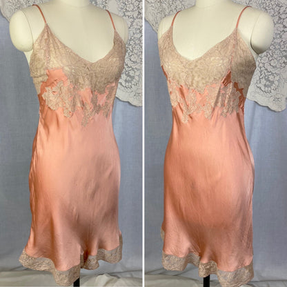 Vintage 1930's Teddy Chemise | Deep Coral Pink Silk Charmeuse with Nude Lace | Size 40-42 Bust, LG XL | Barbara Lee - Daggers & Dames