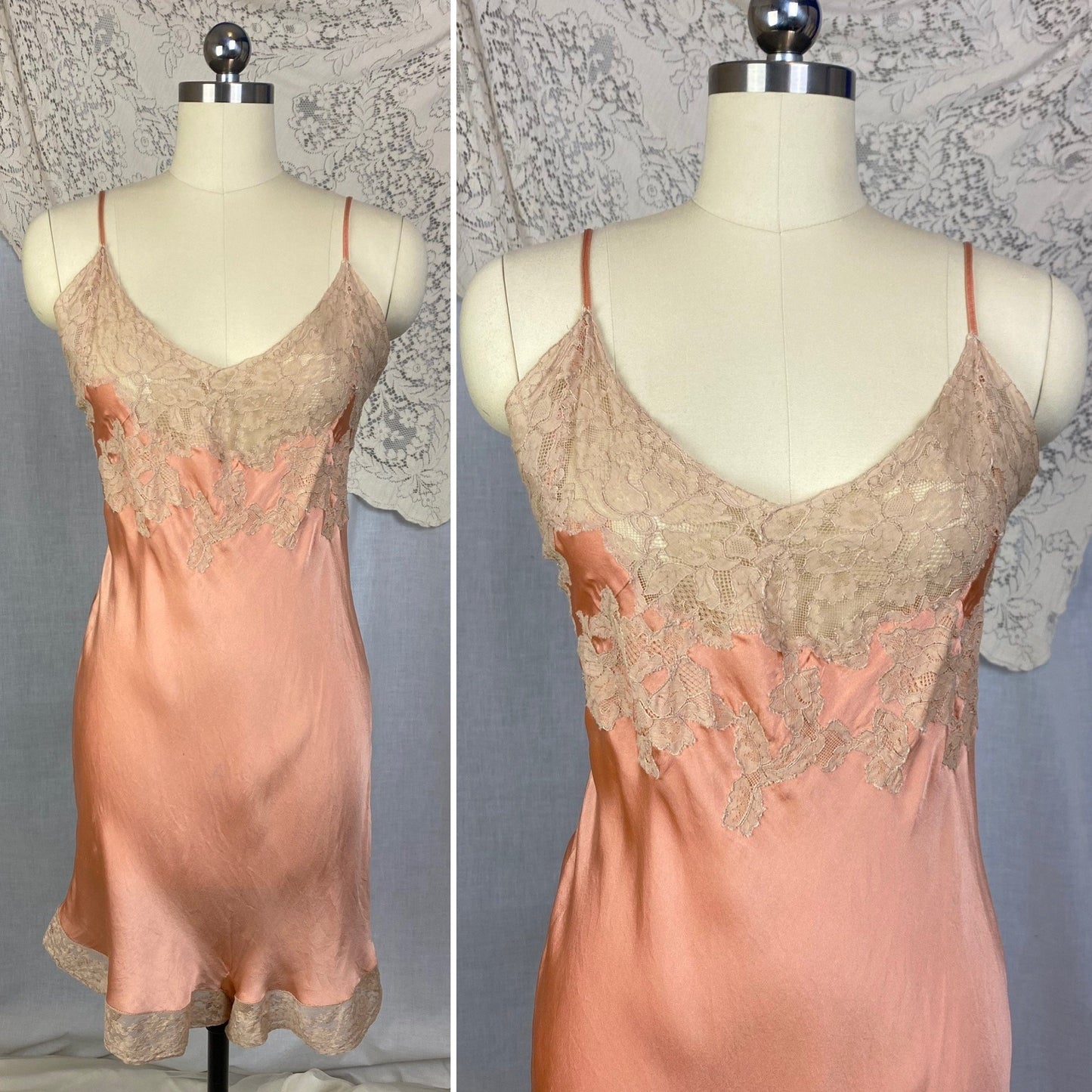 Vintage 1930's Teddy Chemise | Deep Coral Pink Silk Charmeuse with Nude Lace | Size 40-42 Bust, LG XL | Barbara Lee - Daggers & Dames