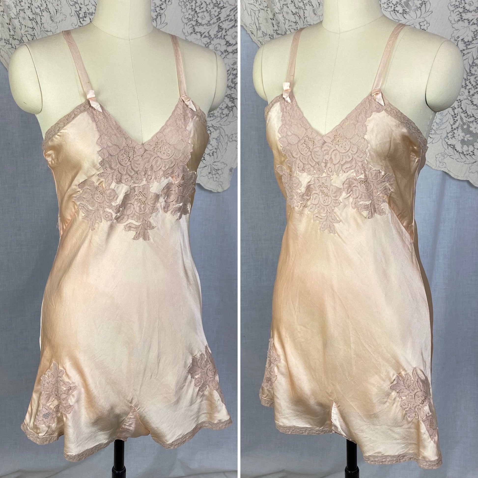 Vintage 1930's Teddy Chemise | Light Peach Silk Charmeuse with Nude Lace | Size 35 Bust, S | Rare NRA Label - Daggers & Dames