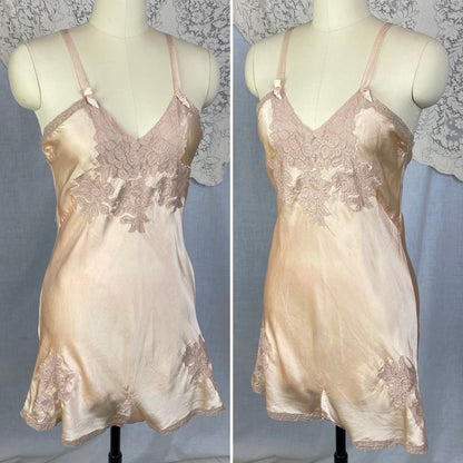 Vintage 1930's Teddy Chemise | Light Peach Silk Charmeuse with Nude Lace | Size 35 Bust, S | Rare NRA Label - Daggers & Dames