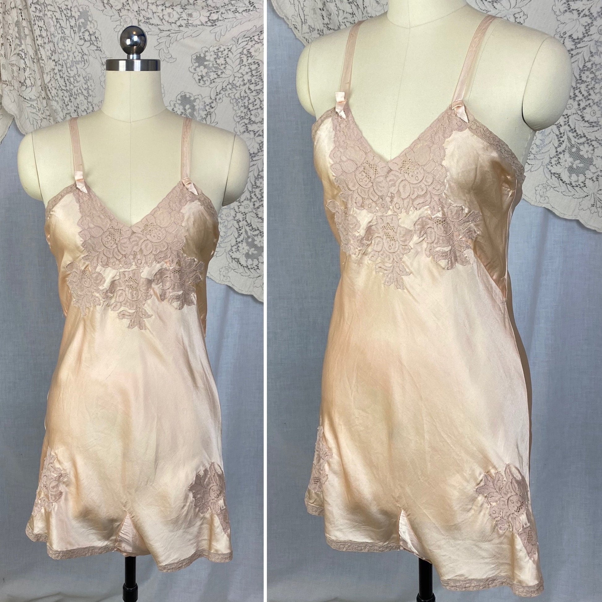 Vintage 1930's Teddy Chemise | Light Peach Silk Charmeuse with Nude Lace | Size 35 Bust, S | Rare NRA Label - Daggers & Dames