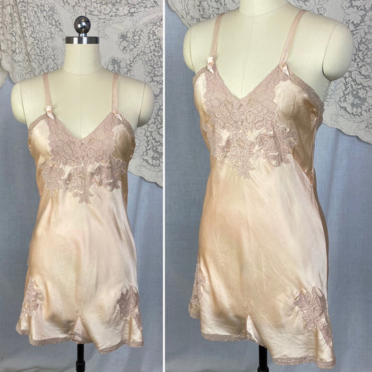 Vintage 1930's Teddy Chemise | Light Peach Silk Charmeuse with Nude Lace | Size 35 Bust, S | Rare NRA Label - Daggers & Dames