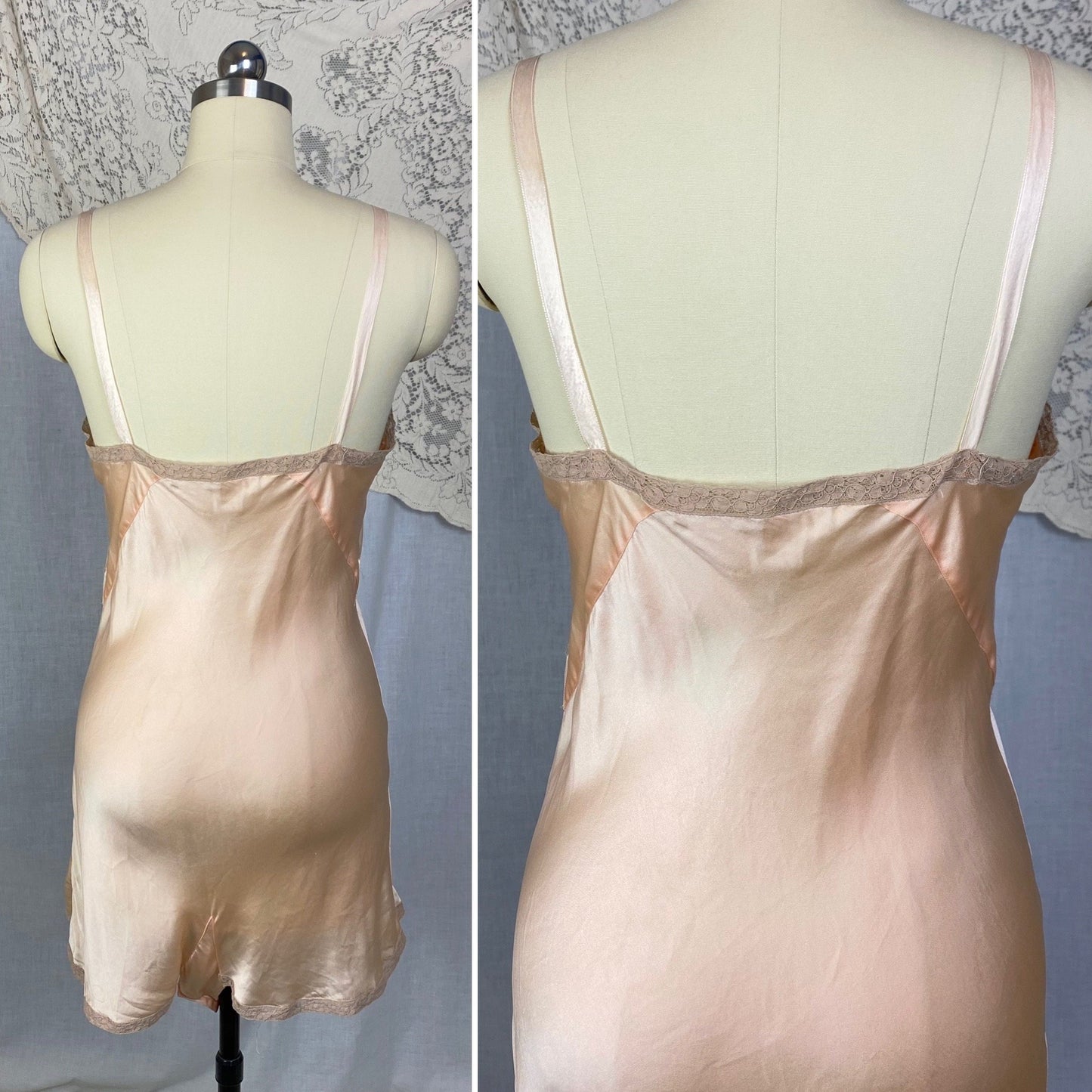 Vintage 1930's Teddy Chemise | Light Peach Silk Charmeuse with Nude Lace | Size 35 Bust, S | Rare NRA Label - Daggers & Dames