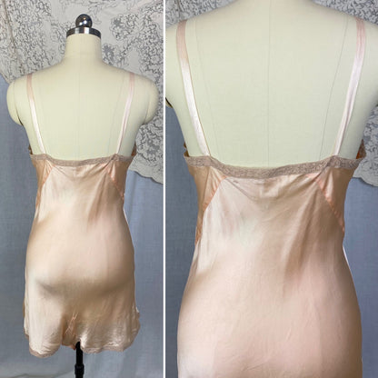 Vintage 1930's Teddy Chemise | Light Peach Silk Charmeuse with Nude Lace | Size 35 Bust, S | Rare NRA Label - Daggers & Dames