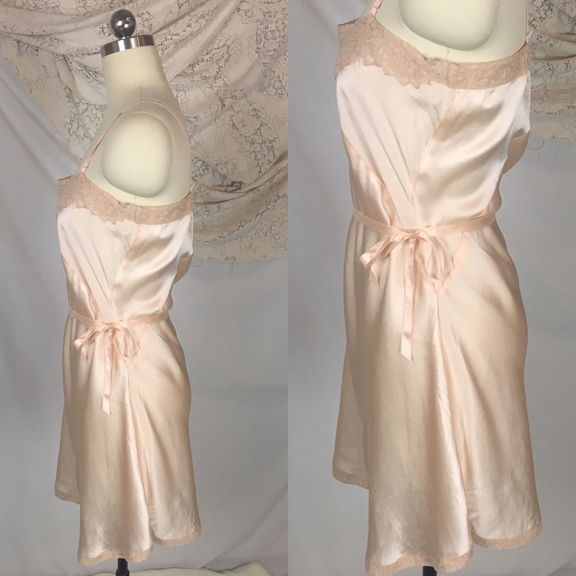 Vintage 1930's Teddy Chemise | Light Peach Silk with Alençon Lace & Ribbon Tie | Dunning Pure Silk | Size LG - Daggers & Dames