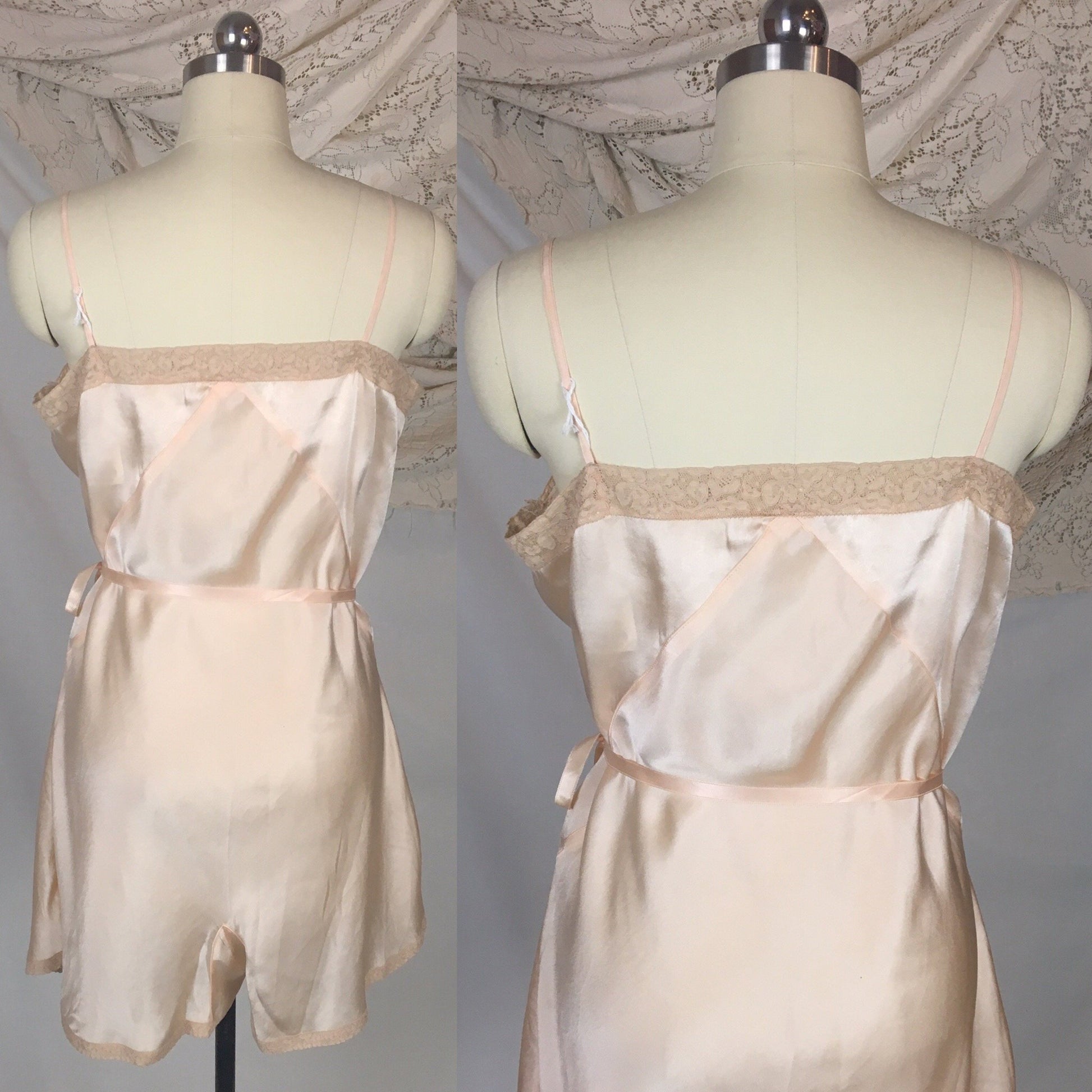 Vintage 1930's Teddy Chemise | Light Peach Silk with Alençon Lace & Ribbon Tie | Dunning Pure Silk | Size LG - Daggers & Dames