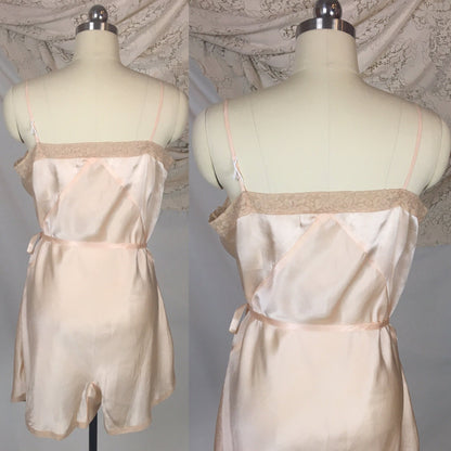 Vintage 1930's Teddy Chemise | Light Peach Silk with Alençon Lace & Ribbon Tie | Dunning Pure Silk | Size LG - Daggers & Dames