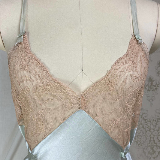 Vintage 1930's Teddy Chemise | Pale Teal Green Silk with Embroidered Tambour Lace | Size XS, S - Daggers & Dames
