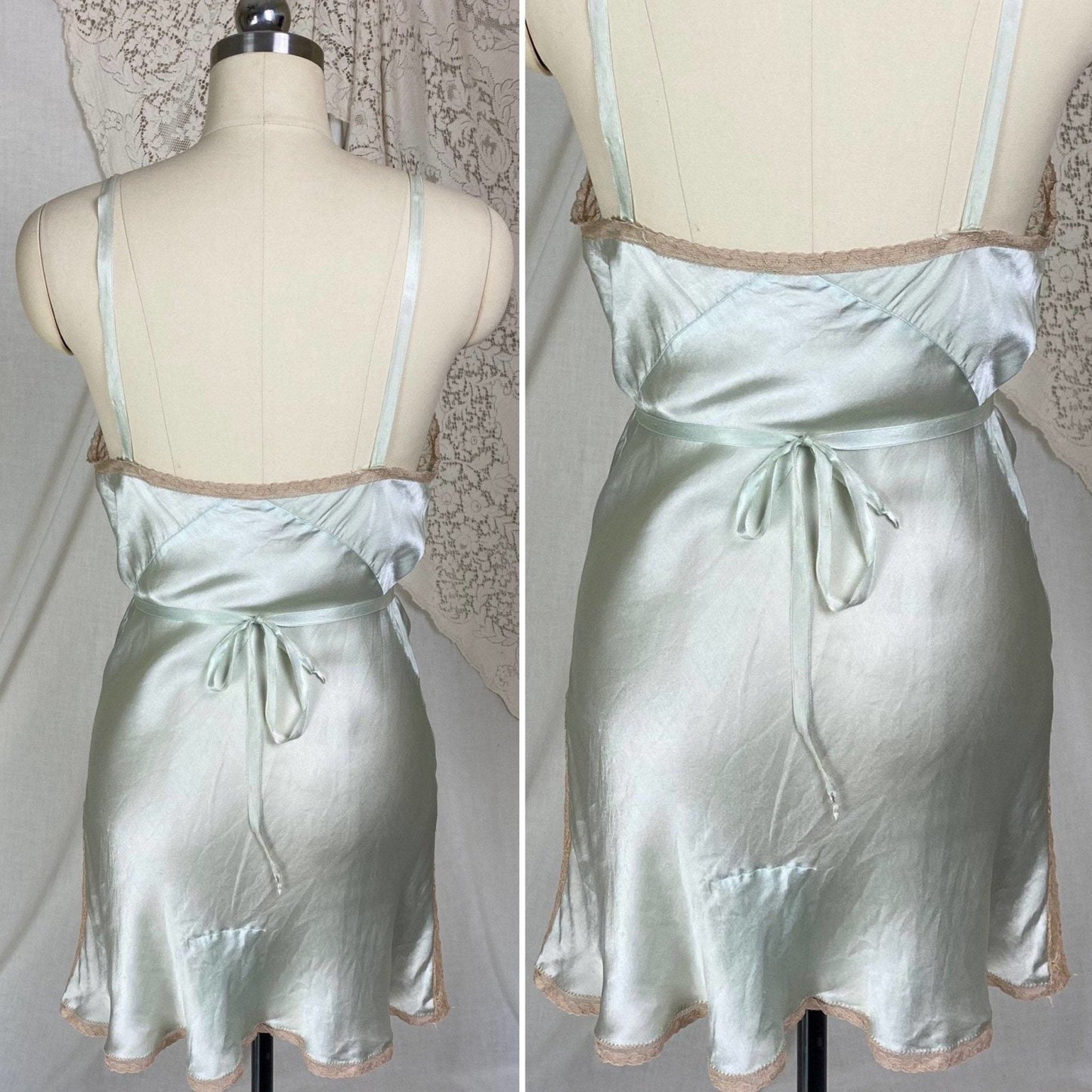 Vintage 1930's Teddy Chemise | Pale Teal Green Silk with Embroidered Tambour Lace | Size XS, S - Daggers & Dames