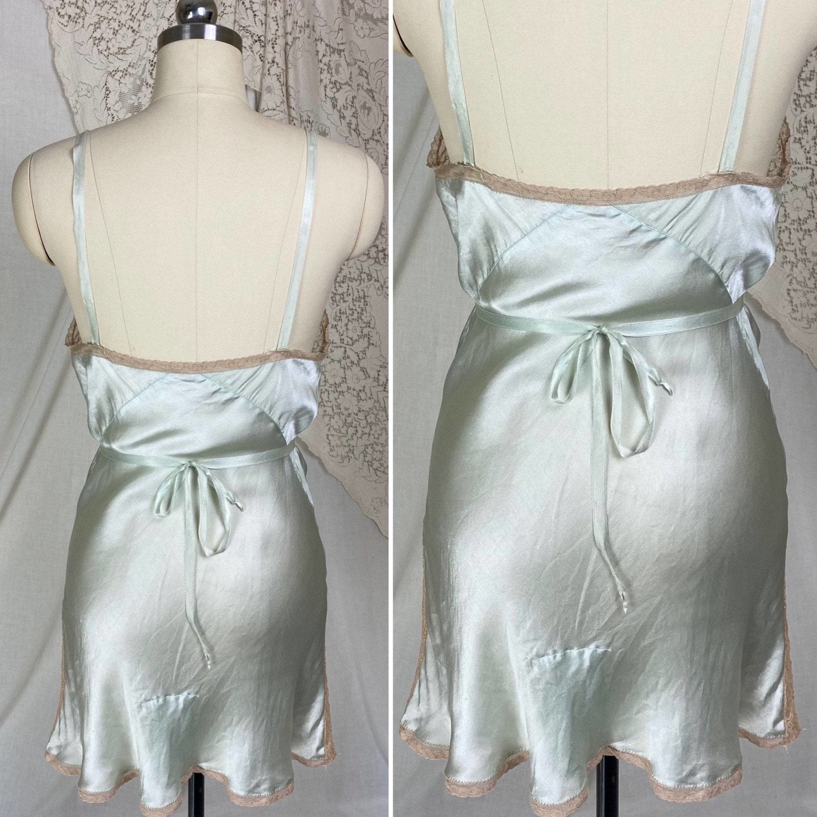 Vintage 1930's Teddy Chemise | Pale Teal Green Silk with Embroidered Tambour Lace | Size XS, S - Daggers & Dames