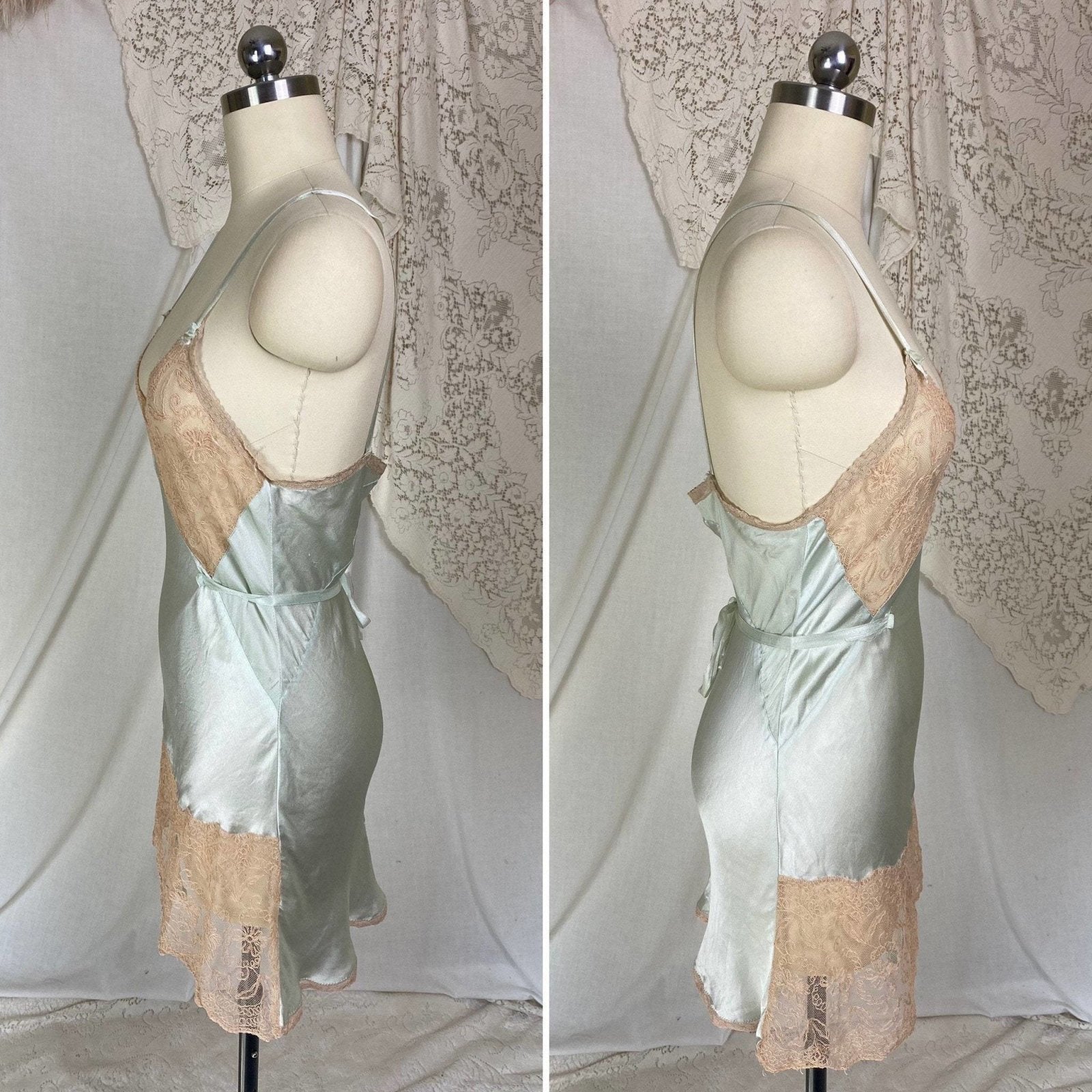 Vintage 1930's Teddy Chemise | Pale Teal Green Silk with Embroidered Tambour Lace | Size XS, S - Daggers & Dames