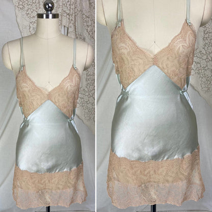 Vintage 1930's Teddy Chemise | Pale Teal Green Silk with Embroidered Tambour Lace | Size XS, S - Daggers & Dames