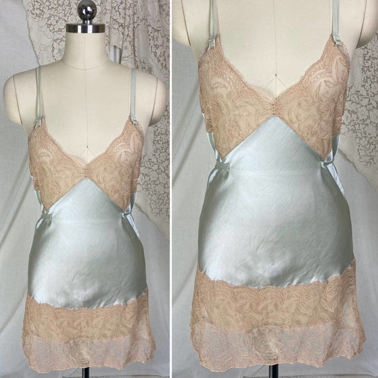 Vintage 1930's Teddy Chemise | Pale Teal Green Silk with Embroidered Tambour Lace | Size XS, S - Daggers & Dames
