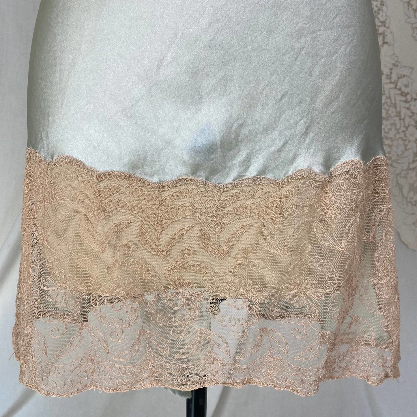 Vintage 1930's Teddy Chemise | Pale Teal Green Silk with Embroidered Tambour Lace | Size XS, S - Daggers & Dames