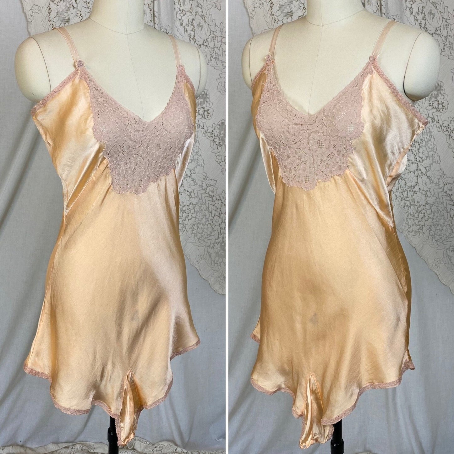 Vintage 1930's Teddy Chemise | Rich Peach Silk with Warm Nude Floral Lace | Size M, LG - Daggers & Dames