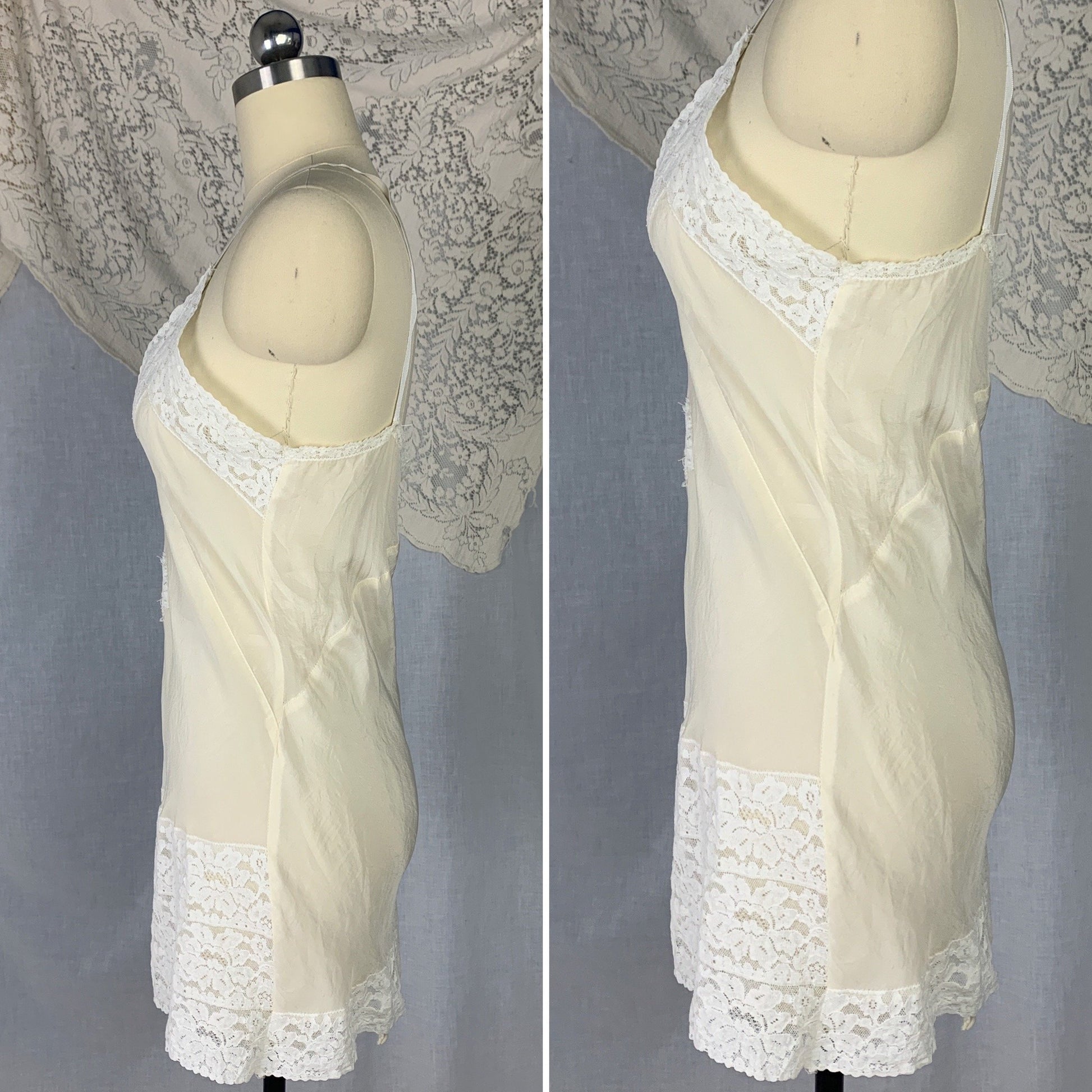 Vintage 1930's Teddy Chemise | Sheer Ivory Silk with White Floral Lace | Size SM - Daggers & Dames