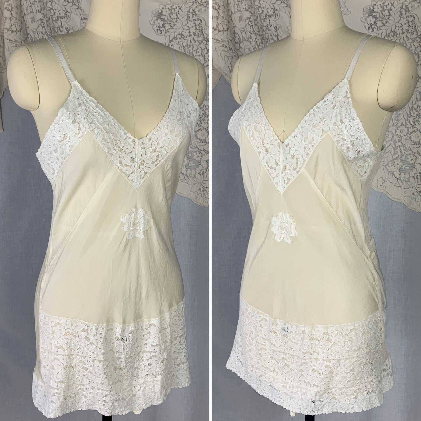Vintage 1930's Teddy Chemise | Sheer Ivory Silk with White Floral Lace | Size SM - Daggers & Dames