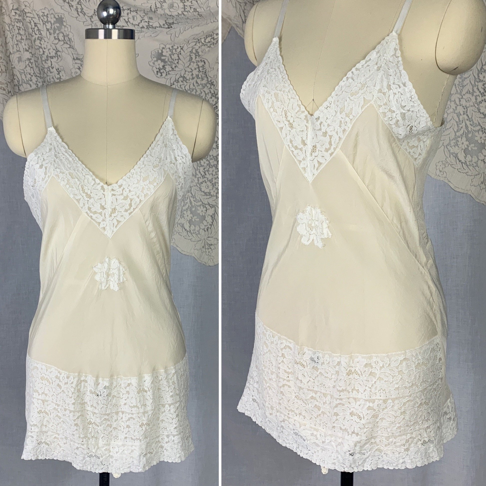 Vintage 1930's Teddy Chemise | Sheer Ivory Silk with White Floral Lace | Size SM - Daggers & Dames