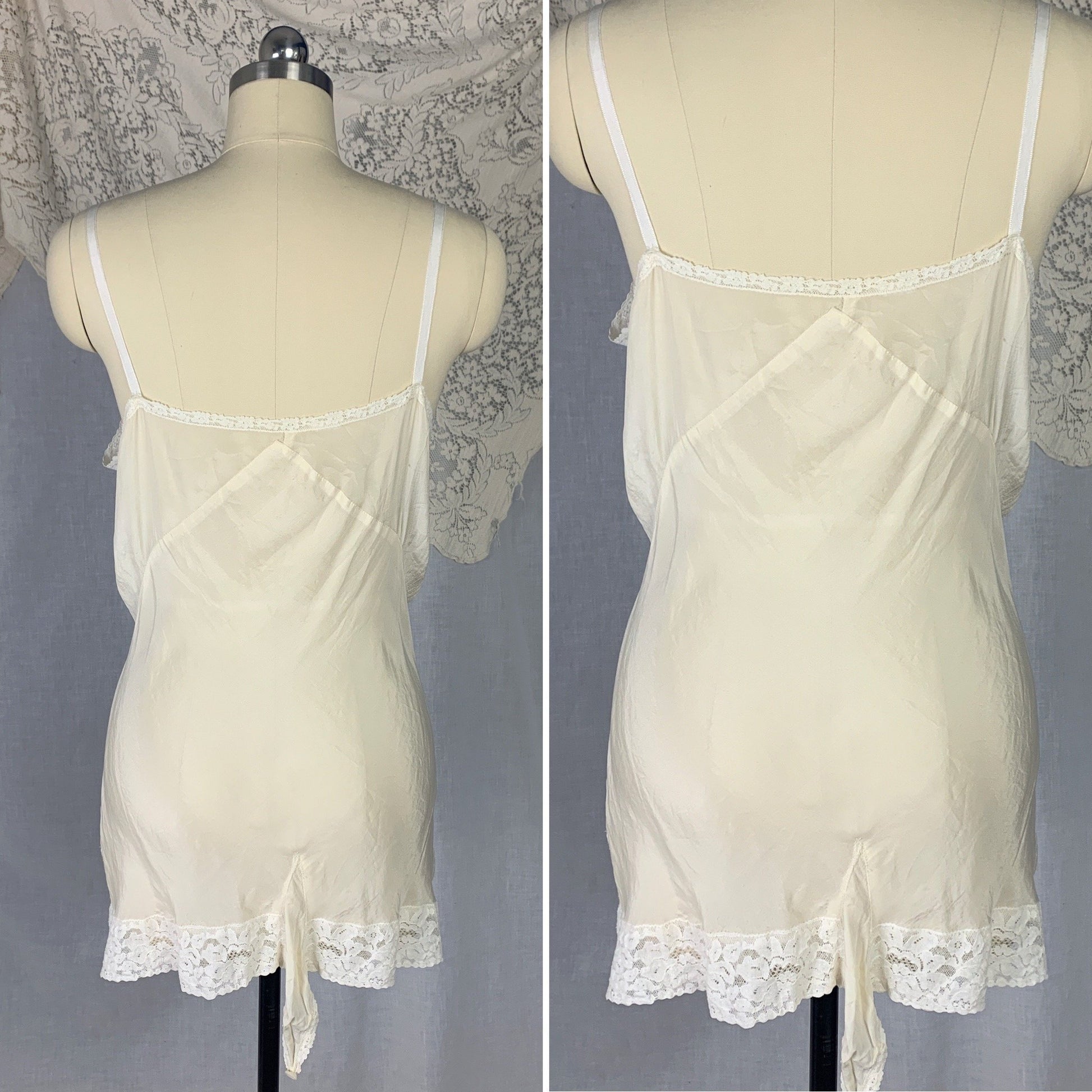 Vintage 1930's Teddy Chemise | Sheer Ivory Silk with White Floral Lace | Size SM - Daggers & Dames