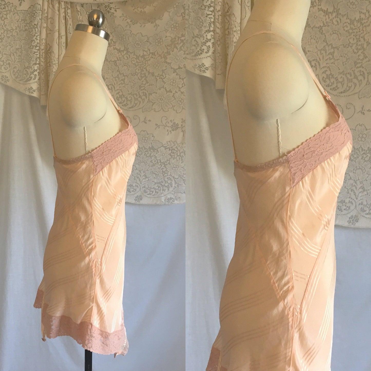 Vintage 1930's Teddy | Peach Silk with Satin Stripes & Mauve Pink Lace | Streamline Lingerie | Size XS - Daggers & Dames