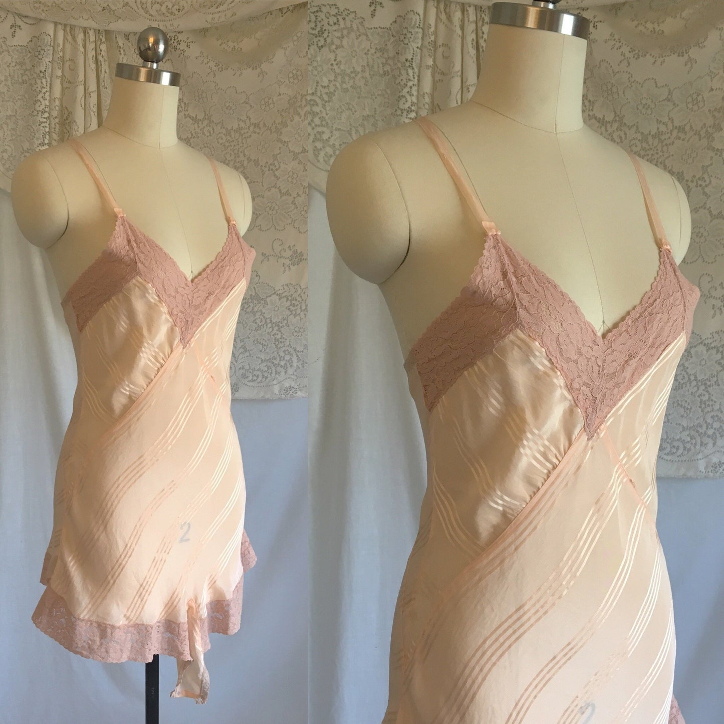 Vintage 1930's Teddy | Peach Silk with Satin Stripes & Mauve Pink Lace | Streamline Lingerie | Size XS - Daggers & Dames